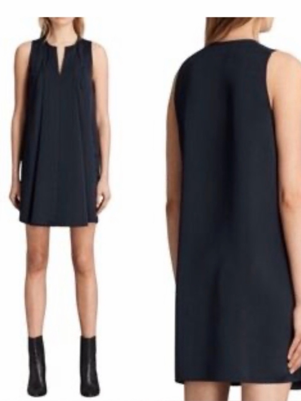 All Saints Black Sleeveless Pleated Poplin V Neck Bea Dress 100% Cotton Sz 2 XS